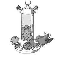 A robot in the form of a hanging bird feeder. It consists of a transparent plastic cylinder which is about half full of seeds, with a circular, lipped tray at the bottom which is connected to the cylinder's interior with a semi-circular aperture. On the top is a conical lid with the robot's smiling face on it and two banded arms held out excitedly. A loop or hook is attached to the top of the cone. Two chubby birds are on the feeder: one is perched on the lip of the tray, looking up at the robot's face, and one is just flapping into place on the other side to peck at some seed.