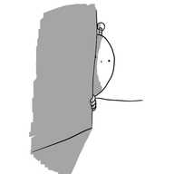 A round robot with an antenna peeking out from behind a wall with an ambivalent expression on its face.