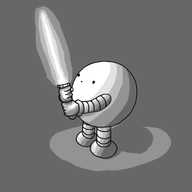 A spherical robot with banded arms and legs, holding a lightsaber and looking up at it in wonder. The robot is standing in darkness with the saber as the only source of illumination, and its glow is reflecting off its surface.