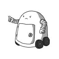 A round-topped robot on four wheels and with two banded arms. It has a safe door on its front with a combination lock on it and has one hand planted on its side while the other wags a finger. Its expression is very stern.