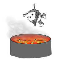 An ovoid robot with banded legs and a zigzag antenna, suspended over a vat of some glowing orange, bubbling substance that is giving off clouds of smoke or steam. The robot looks very alarmed and is waving its legs in desperation.