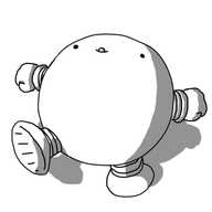 A very round robot with short, banded arms and legs waddling along and sticking out its tongue while wearing an otherwise somewhat vacant expression.