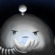 A full-colour pastel drawing of a round robot with an antenna, framed from the waist up, standing in darkness. It looks sternly down at a bright, bluish light cupped in its hand, which illuminates its face.