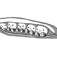 An open pod of peas lying on the ground, where the five peas are little spherical robots with banded legs. They're all sitting close together, looking out with their feet in front of them. Three of them are smiling, one looks a bit angry, and the leftmost one is asleep.