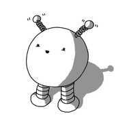 A spherical robot with banded legs and two coiled antennae on its top that are wobbling slightly.