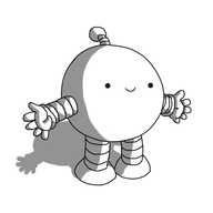 A smiling spherical robot with banded arms and legs and an antenna.