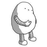A rounded robot with banded arms and legs and a pot belly, complete with belly button. It's poking a finger in its belly button and smiling down at itself.