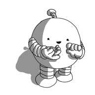 A round robot with banded arms and legs and an antenna, cradling a small pebble in one hand and looking down at it happily.