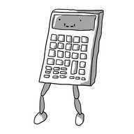 A calculator with two jointed legs on the bottom. Its face is on the screen, with its smile resembling a segmented LCD digit and square eyes.