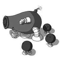 A robot in the form of a cartoon gunpowder cannon with banded arms and legs. It's bent over so it's parallel to the ground, balancing with one hand, with its smiling face on its underside. A lit fuse is burning on its end. Standing round it are three other robots, spherical with banded legs and dark-coloured exteriors, looking up at the Cannonbot and smiling or looking impressed. A fourth robot of the same type peeps out of Cannonbot's muzzle, also smiling.