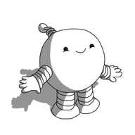 A spherical robot with banded arms and legs and a coiled antenna. It's holding out its arms and it has a satisfied smile on its face.
