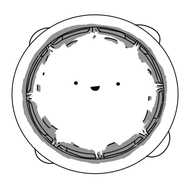 A robot in the form of a circular trampoline, viewed from directly above. Its smiling face is on the mat, which is connected to the frame by eight stretched connections, and it has four feet visible around its edges.