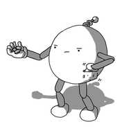 A spherical robot with jointed arms and legs and a helical antenna, rummaging in an integrated pocket with one hand while holding out a few coins with the other. It looks mildly annoyed.