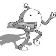 A spherical robot with jointed arms and legs and an antenna, creeping along and lifting one hand to knock. Under its other arm it's carrying a long, cuboid parcel. It's expression is carefully neutral.
