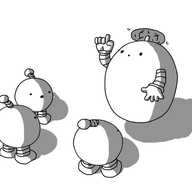 An ovoid robot with banded arms, held aloft by a propeller on its top. It's hovering in front of three Mondaybots, holding up a finger and explaining something.