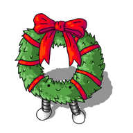 A robot in the form of a green festive wreath, decorated with red ribbon. It has banded legs on the bottom and its face is on the lower section of the ring.