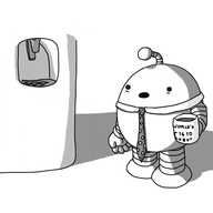 A round robot with banded arms and legs and a dropping antenna. It has a shirt collar with a spotted tie hanging from it and is holding a mug labelled "WORLD'S #1410 ROBOT". It has little bags under its eyes and has its mouth open as if talking. Next to it, the lower section of a water cooler is visible.