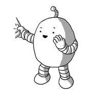 An ovoid robot with banded arms and legs, tugging at someone's clothing as it raises the other hand to its mouth to make an aside. It also has an antenna pointing in something's direction. The robot is smiling and lifting its eyebrows suggestively.