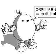 An ovoid robot with banded arms and legs and a zigzag antenna. It's smiling and a speech bubble emerging from its mouth has a number of logos depicted inside it: Youtube, Twitch, Snapchat, Tik-tok, BTS, Minecraft, the genderqueer flag, Instagram, Whatsapp, Billie Eilish and Fortnite. No, I don't know what any of them are either.