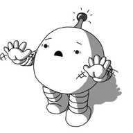 A round robot with banded arms and legs and a panicked expression on its face. It's desperately waving its hands in warning while the tip of its antenna flashes bright red.