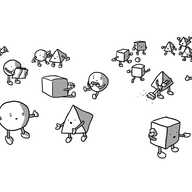 A number of robots, some spherical, some cubic, some pyramidal, performing various activities. Two are having a conversation, one is on a phone, one is having a nap, two are playing cards, one is sweeping, one is singing to an audience of two others, a small group are playing football, one is reading, one is helping another up off the ground, one is trying on a hat to the approval of another.