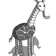A robot giraffe. It has an ovoid body, long, banded legs and a long, banded neck, with an ovoid head. It has two antenna and a little tail, plus a long tongue curling out of its smiling mouth. It has long eyelashes. Its body is decorated with interlocking irregular polygons in a darker shade.