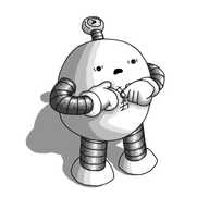 An ovoid robot with banded arms and legs.  It looks alarmed and is rotating its pointing fingers around each other in front of its chest, in a kind of rewinding motion. It has an antenna tipped with a golden analogue watch.