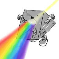 A robot in the form of a triangular glass prism, with the triangles forming its sides, from which its banded arms protrode, and one rectangular face its bottom, which has two banded legs. Its actual face is on an angled rectangular face and a beam of pale yellow light is entering the rear surface and being refracted into a rainbow coming out from below its mouth. It's yelling triumphantly, clenched fists raised.