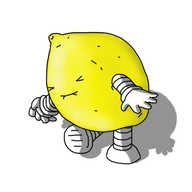 A robot in the form of a yellow lemon, with banded arms and legs attached. It's bending over slightly and making a scrunched up face as if it's just tasted something sour.