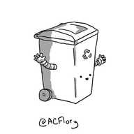 A robot in the form of a plastic wheelie-bin, with two little arms on either side and a smiling face on the lower front.