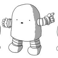 A chunky, round-topped robot with banded arms and legs, gesturing to two identical smiling robots standing either side of it. They are Bigbot and Tinybot, but they look exactly the same size (they're literally the same image repeated).