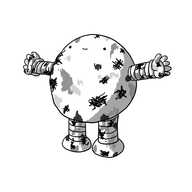 A smiling, round robot with banded arms and legs, looking up and holding out its arms as if expecting a hug. It is covered in smears and stains of various shades.