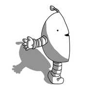 An ovoid robot with banded arms and legs and an antenna. Except it's vertically bisected and only the right half is present.