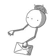 A spherical robot with jointed arms and a propeller on its top. In one hand it holds a card in an envelope.