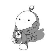 A spherical robot with jointed arms and legs and an antenna, taking the knee with a serious expression on its face.