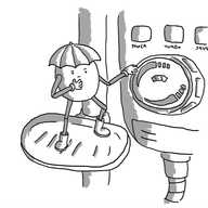 A rounded robot with jointed arms and legs standing on a soapdish mounted on a shower thoughtfully pondering a complicated set of controls. The robot is wearing little wellington boots and has a hat like an umbrella.