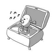 A decorative music box with its lid open. Inside, standing on a metal disc in the manner of a classic ballerina music box is an ovoid robot with banded arms and legs singing with one arm outstretched and the other hand on its chest.