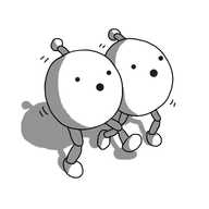 Two spherical robots pressed very close together. They have jointed legs and antennas. Both robots are making shocked faces so that they have small, circular mouths in the exact centre of their bodies. They're also jiggling very slightly against one another.