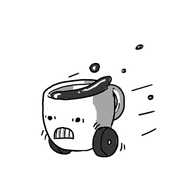 A little robot espresso mug on wheels. It's hurtling along, wheels spinning, while its contents flies from its top. It looks very wired, with staring, frenzied eyes and bared teeth.