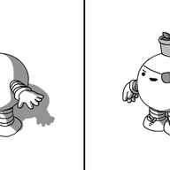 Two spherical robots with banded arms and legs. The robot on the right is cheerful and unadorned, where its counterpart to the left is identical save for having shoelaces on its feet, a wristwatch, an eyepatch, a downward-slanted eyebrow indicating its malevolence, and a flowerpot - complete with flower - balanced on its top.
