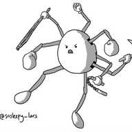 An angry-looking ovoid robot with many retractable jointed limbs. Two arms end in boxing gloves, one is held in a 'chop' position, one holds a kendo stick, one a set of nunchaku and one a kama (sickle). It's hurling itself forward with one leg outstretched.