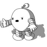 A round robot with banded arms and legs and a zigzag antenna, holding out a hand and angrily explaining something.