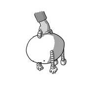 An ovoid robot with banded arms and legs and a handle on its back. It's being held by a person like a bag, with its limbs hanging straight down, but seems pretty happy about it.