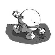 A round robot with banded arms and legs bending over a small indent in some soil and delicately depositing a seed in it. It has one arm and one leg extended for balance, a little satchel slung across one shoulder and is smiling happily.