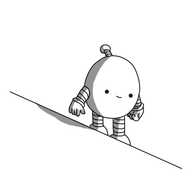 An ovoid robot with banded arms and legs and an antenna, standing on a sharply inclined plane. One of the robot's legs is longer than the other so its body remains upright. The robot seems quite happy with the situation.