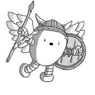 An ovoid robot with banded arms and legs dressed as a Norse Valkyrie, with a horned helmet and braids, a spear in one hand and a shield in the other and a pair of large feathered wings.