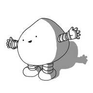 A smiling robot with banded arms and legs. Its body is irregularly shaped, like a sort of angled potato.