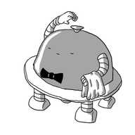 A robot in the form of a plate with a silver cloche on top of it. It has four legs on the bottom and two arms on the cloche section. One arm has a serving towel draped across the wrist while the other is reaching to the cloche section's handle as if about to lift it off. The robot is wearing a black bowtie and its face, which is on the front of the cloche, is composed in a dignified pout with eyes closed.