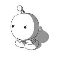 A round robot with short, banded legs and an antenna. It has no mouth, and it's leaning forward, glaring angrily.