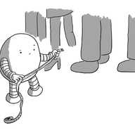 An ovoid robot with banded arms and legs holding up a tape measure and looking at it doubtfully. In the background, several people's legs are visible forming a queue.